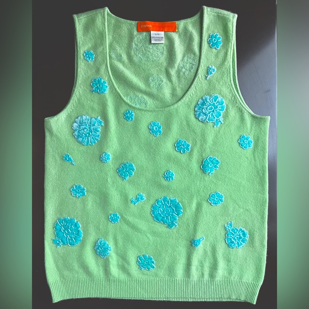 Cynthia Steffe Sleeveless Cashmere Top, Scoop Neck, Green w/ Blue Beaded Flowers